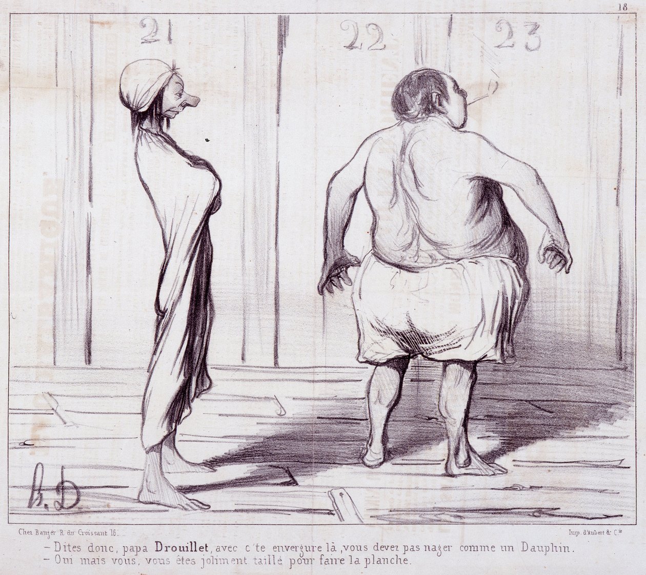 Tegnefilm om udseende. Serie "" The Bathers"": Fortæl far Drouillet..."" Gravering af Honore DAUMIER (1808-1879). Uddrag fra avisen "" Le Charivari"". Mål 25x36 cm. boks 12 Marseille, Musee des Beaux-Arts, Palais Longchamps, Collection Arts Graphi af Honoré Daumier