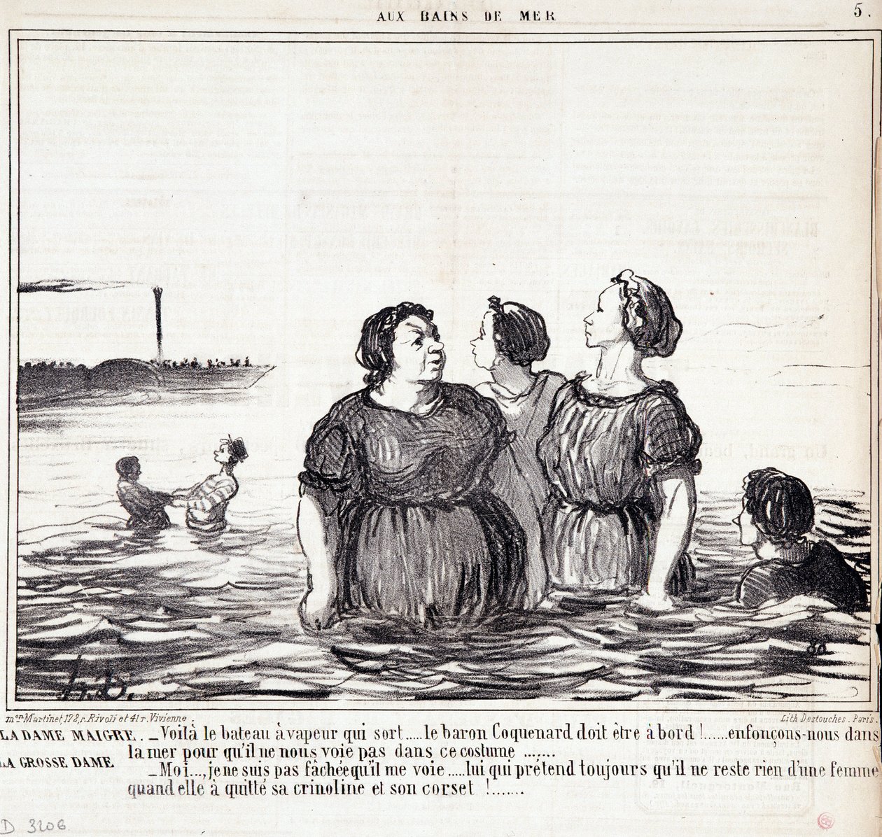 Tegnefilm om udseende og mode. Serie "" Les Bains de Mer"": "" Den tynde dame (...), den fede dame (...)" Gravering af Honore DAUMIER (1808-1879). Uddrag fra avisen "" Le Charivari"" den 16. september af Honoré Daumier