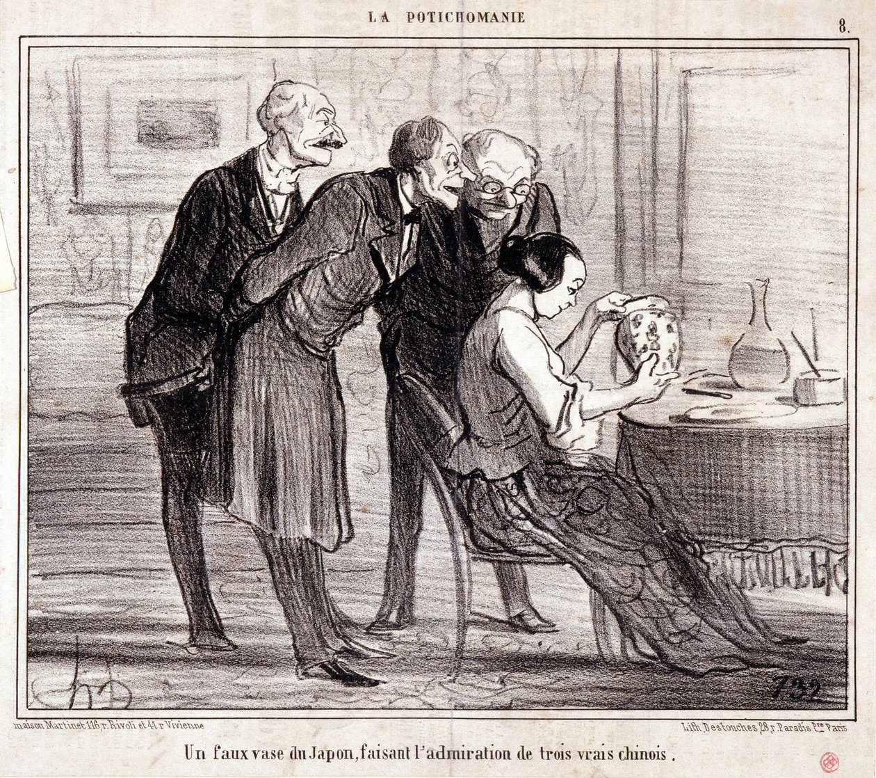 Tegnefilm om kunstsamlere. Serien "" Potichomania"": "" En falsk vase fra Japan, der beundrer tre kinesere." Gravering af Honore DAUMIER (1808-1879). Uddrag fra avisen "" Le Charivari"" af Honoré Daumier