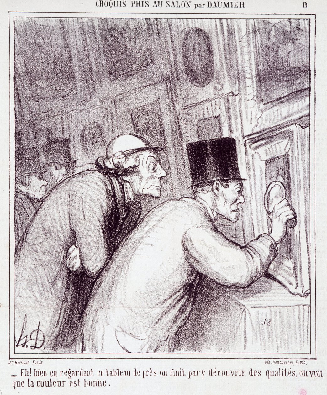 Tegnefilm om kunstelskere. Serie "" Skitse taget i salonen af Daumier": "" Eh! når vi ser på dette maleri, ender vi med at opdage kvalitet, vi ser at farven er god””. Gravering af Honore DAUMIER (1808-1879). Uddrag fra avisen "" Le Chari af Honoré Daumier