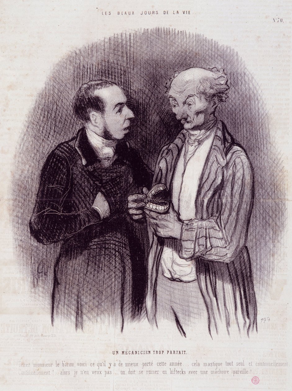 Tegnefilm om tandkirurger. Serien "" The Beautiful Days of Life"": En mekaniker for perfekt..."". Gravering af Honore DAUMIER (1808-1879). Uddrag fra avisen "" Le Charivari"" 22. september af Honoré Daumier