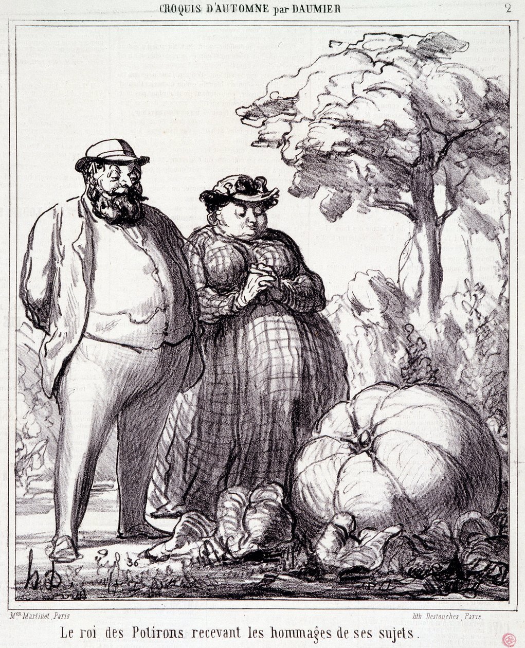 Tegnefilm om havearbejde. Serie "" Autumn Sketch"": "" The King of Pumpkins modtager hyldest fra sine undersåtter"". Gravering af Honore DAUMIER (1808-1879). Uddrag fra avisen "" Le Charivari"" den 23. september af Honoré Daumier