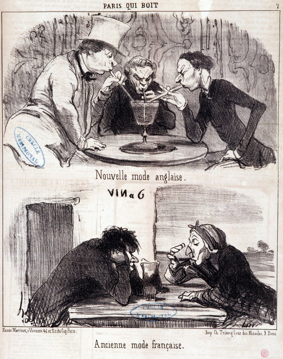 Tegnefilm om gastronomisk misbrug. Serien "Paris qui drinks": ny engelsk mode og gammel fransk mode. Gravering af Honore DAUMIER (1808-1879). Uddrag fra avisen “” Le Charivari”” 23. juni 1852 Dim 37x26 cm Inv D 2312 - æske 24 N¡7. Marseille, Muse af Honoré Daumier