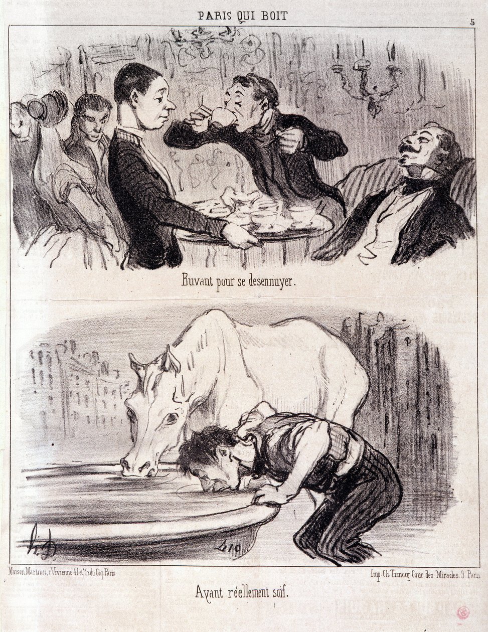 Tegnefilm om gastronomisk misbrug. Serie Paris drikker: "" Drikker for at kede sig. Virkelig tørstig." Gravering af Honore DAUMIER (1808-1879). Uddrag fra avisen “” Le Charivari”” 16. juni 1852 Dim 37x26cm Inv D 2310 - æske 24 N¡5. Marseille, Musee des B af Honoré Daumier