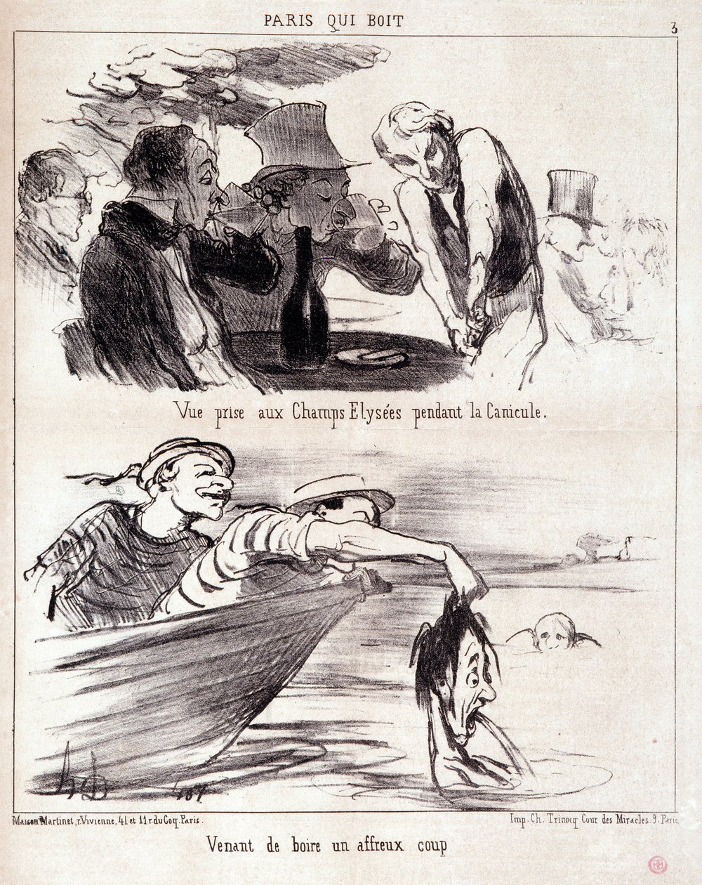Tegnefilm om gastronomisk misbrug. Serie "" Paris qui boire"": "" udsigt taget på Champs Elysees under hedebølgen. Har lige drukket et frygteligt slag." Gravering af Honore DAUMIER (1808-1879). Uddrag fra avisen "" Le Charivari"" den 5. juni af Honoré Daumier