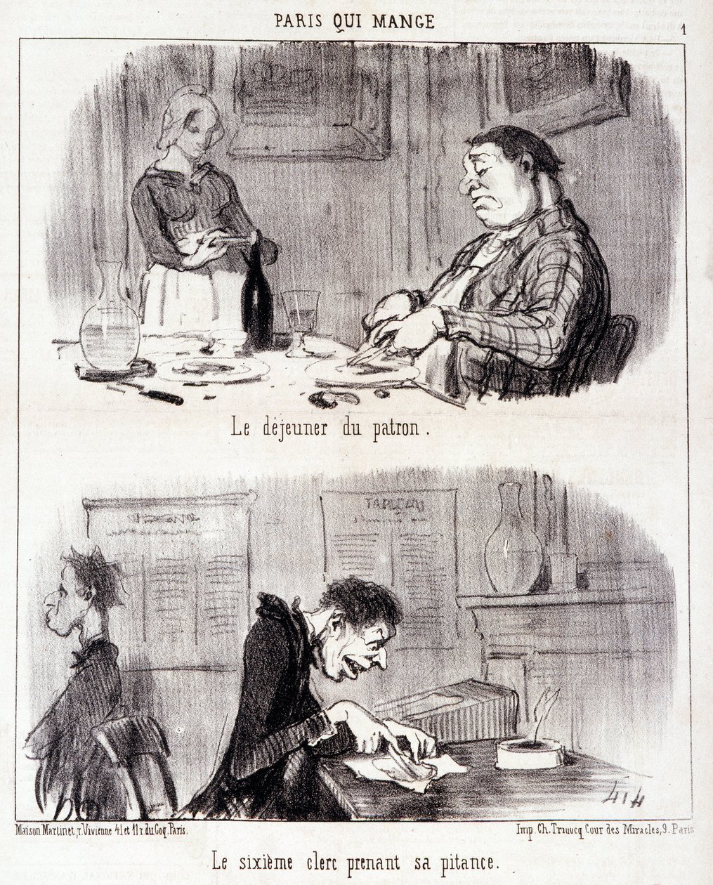 Tegnefilm om gastronomisk misbrug. Serie "" Paris qui mange"": Chefens morgenmad. Den sjette ekspedient tager sine ynkeligheder. Gravering af Honore DAUMIER (1808-1879). Uddrag fra avisen "" Le Charivari"" den 26. juni af Honoré Daumier