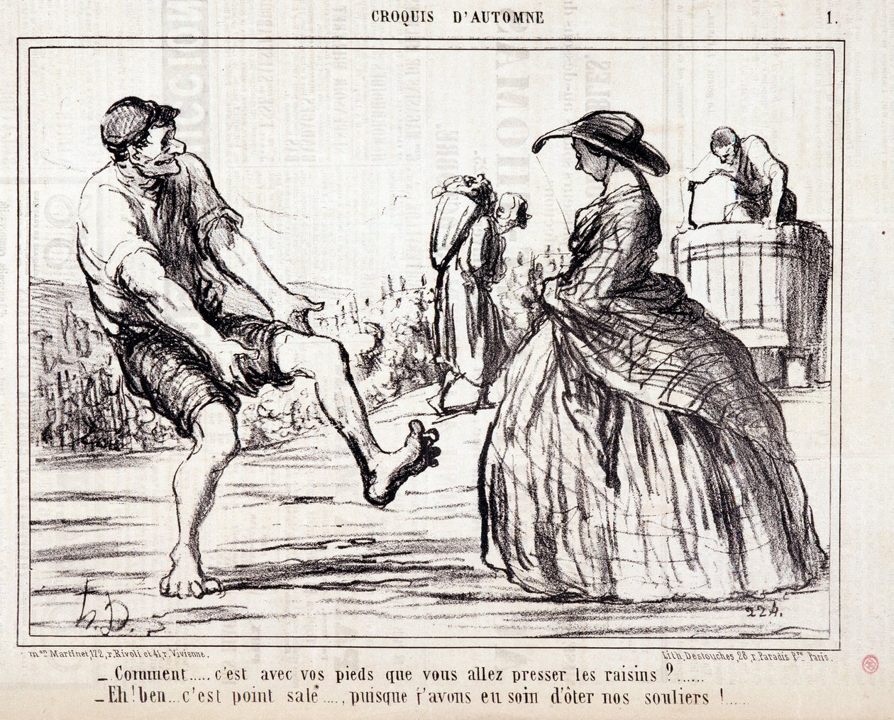 Tegnefilm om høstere, der tramper på barfodede druer. Serie “” Autumn Sketch””: “” Hvordan... skal du presse druerne med fødderne? ...” Stik af Honore DAUMIER (1808-1879). Uddrag fra avisen "" Le Charivari"" af Honoré Daumier