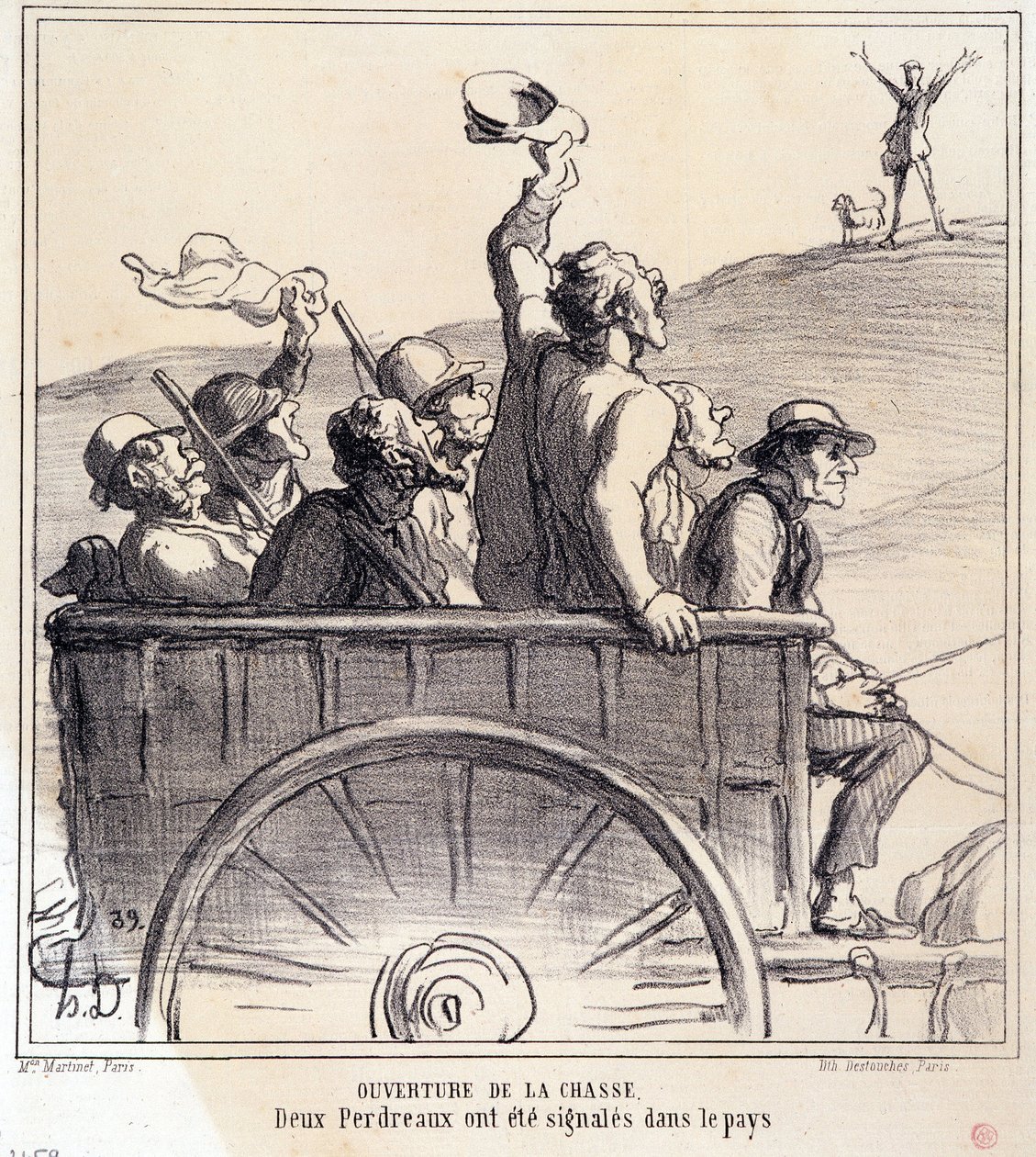Tegnefilm om jægere. Serie "Efterårsskitse: Åbning af jagten, to agerhøns blev signaleret i landet", fra Aviser "Le Charivari" af Honoré Daumier