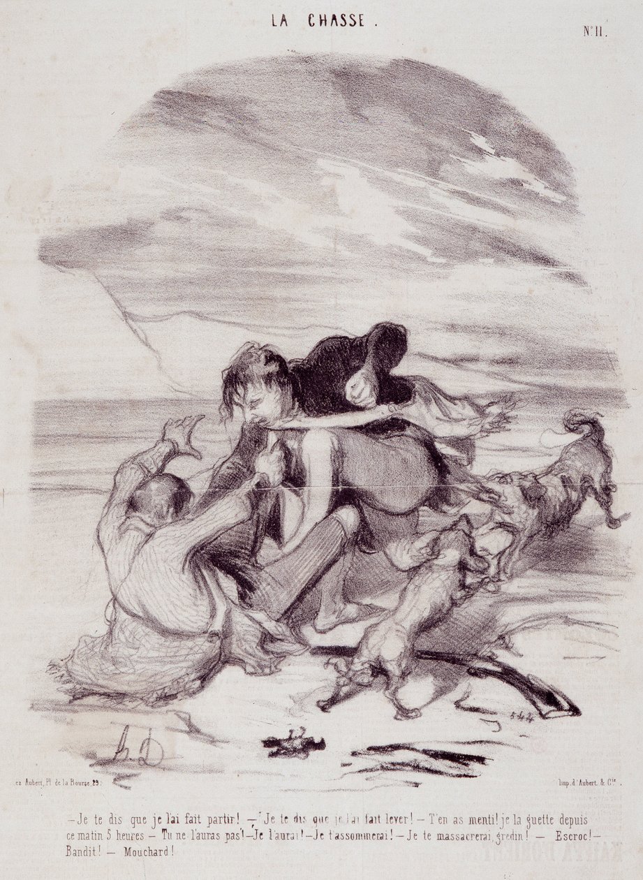Tegnefilm om jægere. Serie "" Livets smukke dage - Jagten"": "" Jeg fortæller dig, at jeg fik ham til at forlade..."" Indgravering af Honore DAUMIER (1808-1879). Uddrag fra avisen "" Le Charivari"" den 10. januar af Honoré Daumier