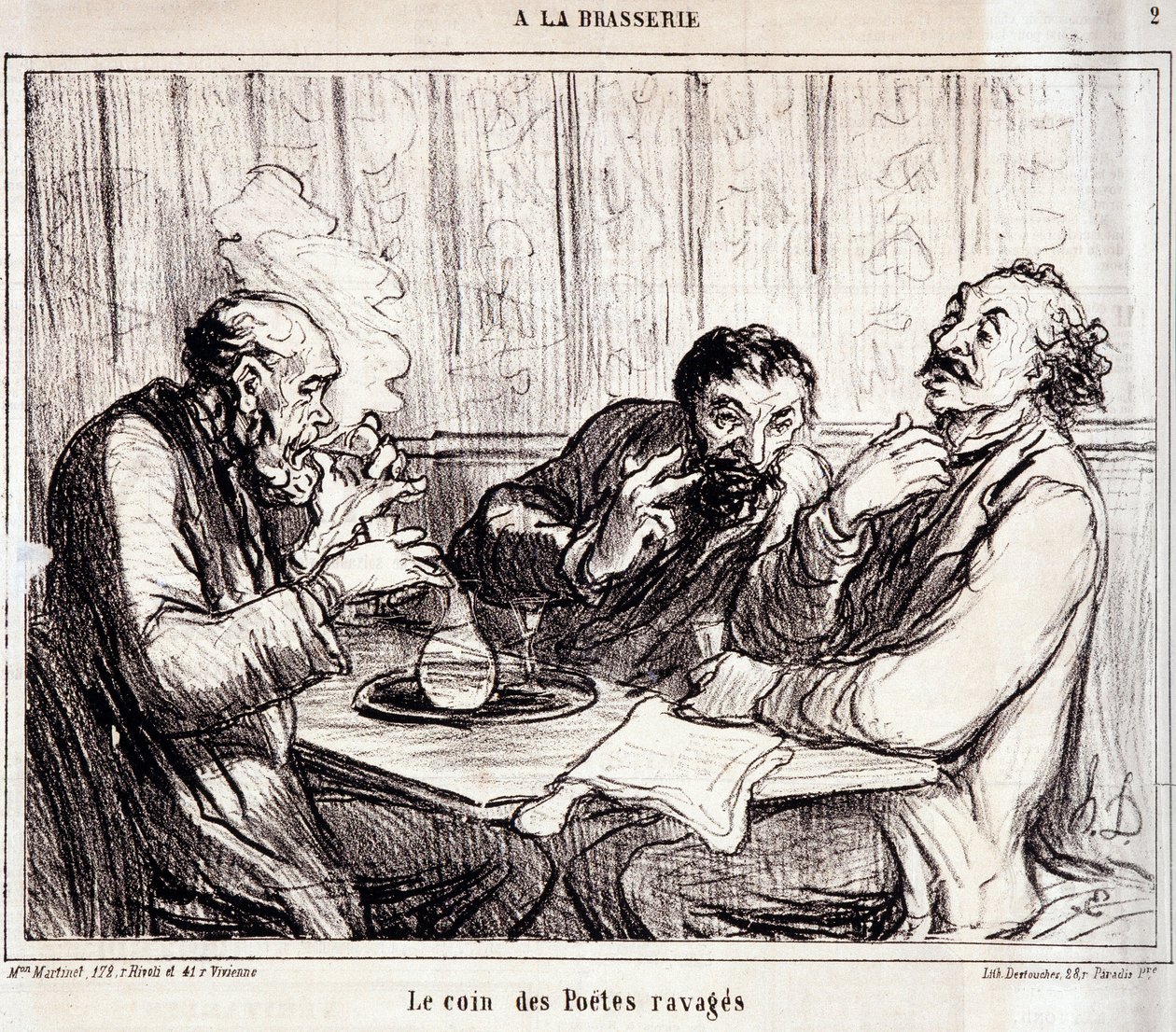 Tegnefilm om digtforfattere. Serie "" A la brasserie"": "" Hjørnet af hærgede digtere""". Gravering af Honore DAUMIER (1808-1879). Uddrag fra avisen "" Le Charivari"" 7. januar af Honoré Daumier
