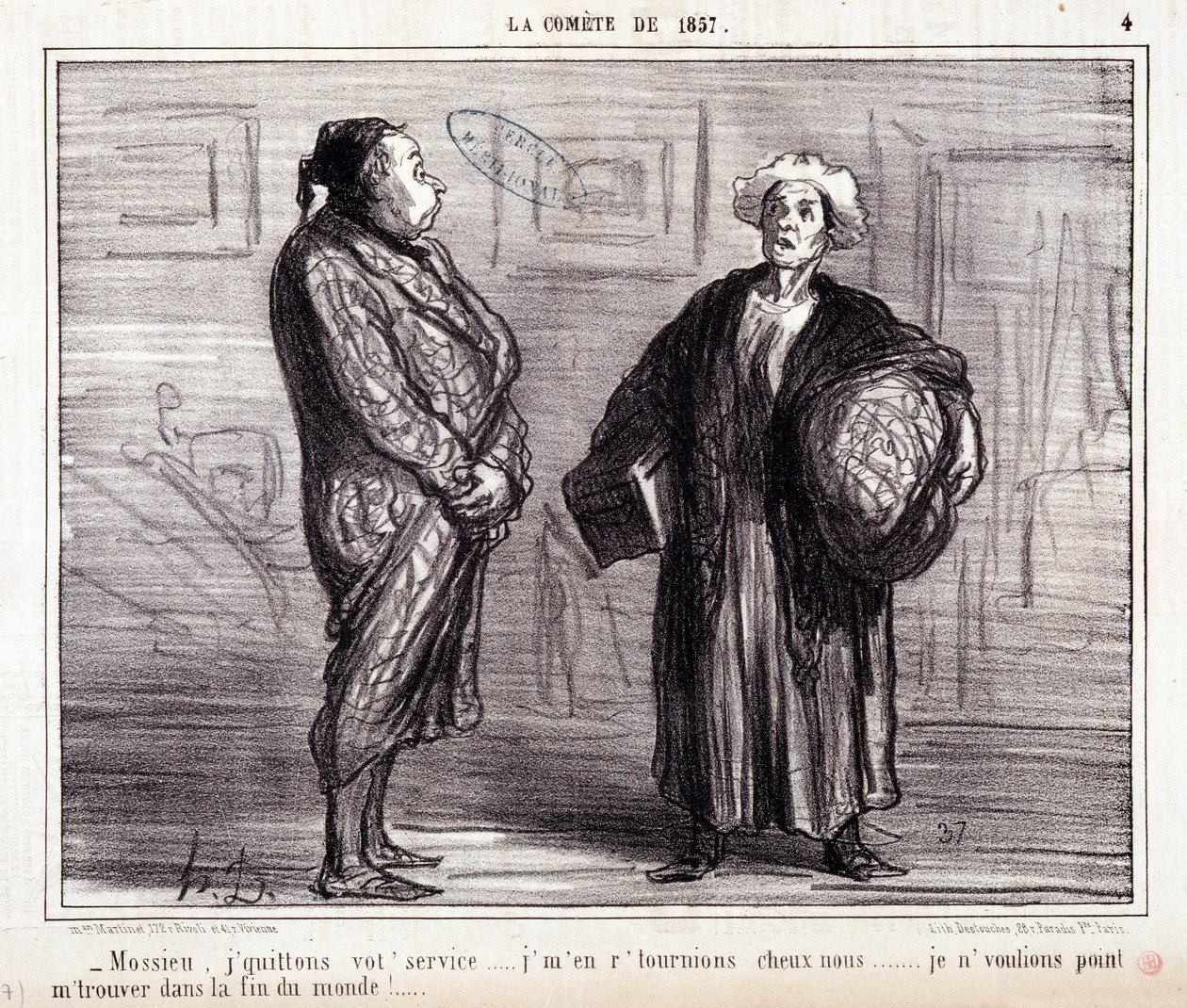 Tegnefilm om videnskab. Serie "" On the Comete of 1857"": "" Mossieu, jeg forlader din tjeneste..."" Gravering af Honore DAUMIER (1808-1879). Uddrag fra avisen "" Le Charivari"" den 13. marts af Honoré Daumier