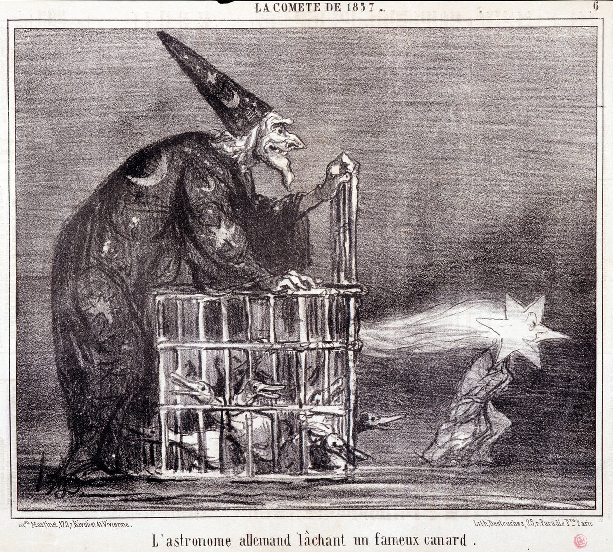 Tegnefilm om videnskab. Serie Sur "" kometen fra 1857"": "" Den tyske astronom forlader en berømt and""". Gravering af Honore DAUMIER (1808-1879). Uddrag fra avisen "" Le Charivari"" 2. marts af Honoré Daumier