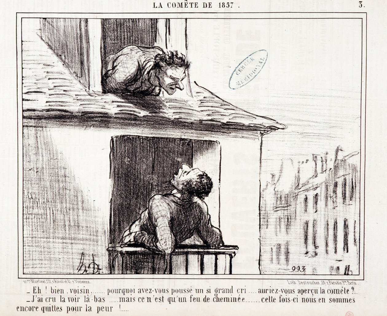 Tegneserie om videnskab. Serie Sur "Kometen af 1857": "Nå nabo... hvorfor græd du så meget..." Gravering af Honore DAUMIER (1808-1879). Uddrag fra avisen "Le Charivari" den 11. marts af Honoré Daumier