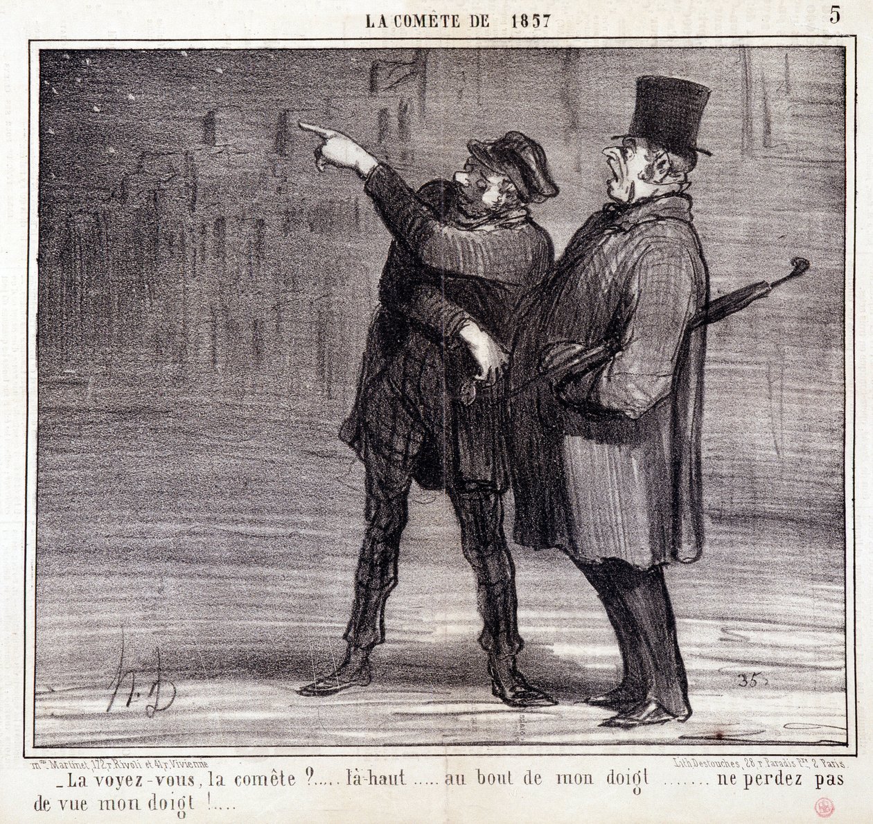 Tegnefilm om videnskab. Serie om "" kometen fra 1857": "" Ser du udvalget?..." En tyv afleder sit offers opmærksomhed. Gravering af Honore DAUMIER (1808-1879). Uddrag fra avisen "" Le Charivari"" 19. marts af Honoré Daumier