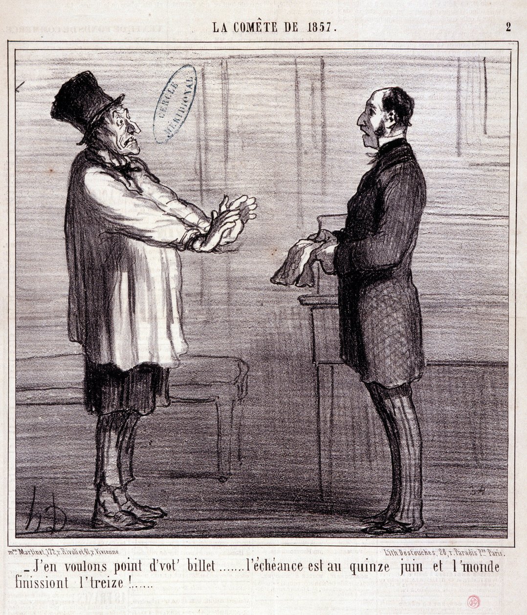 Tegnefilm om videnskab. Serie om "" kometen fra 1857"": Jeg vil ikke have nogen billet..." Indgravering af Honore DAUMIER (1808-1879). Uddrag fra avisen "" Le Charivari"" 4. marts af Honoré Daumier