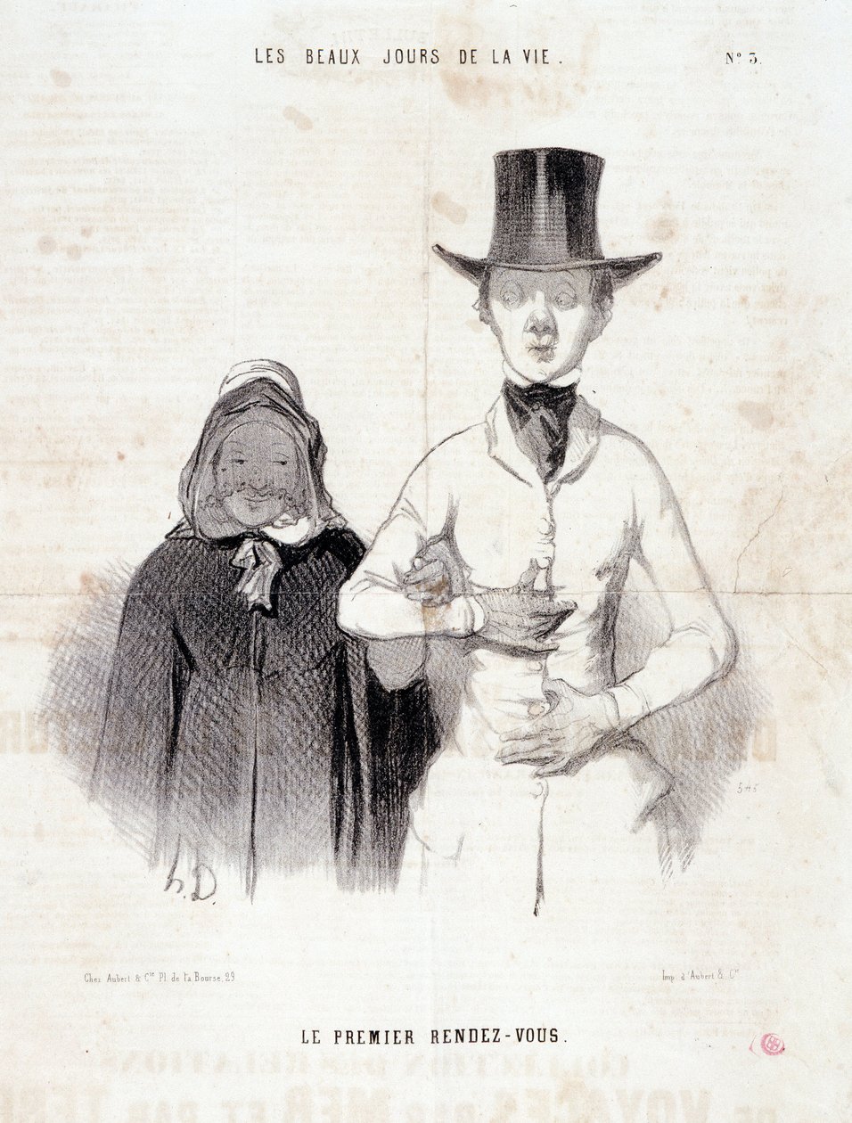 Tegnefilm om parret: Serie "" The Beautiful Days of Life"": "Den første date"". Gravering af Honore DAUMIER (1808-1879). Uddrag fra avisen "" Le Charivari"", 2.-3. januar af Honoré Daumier