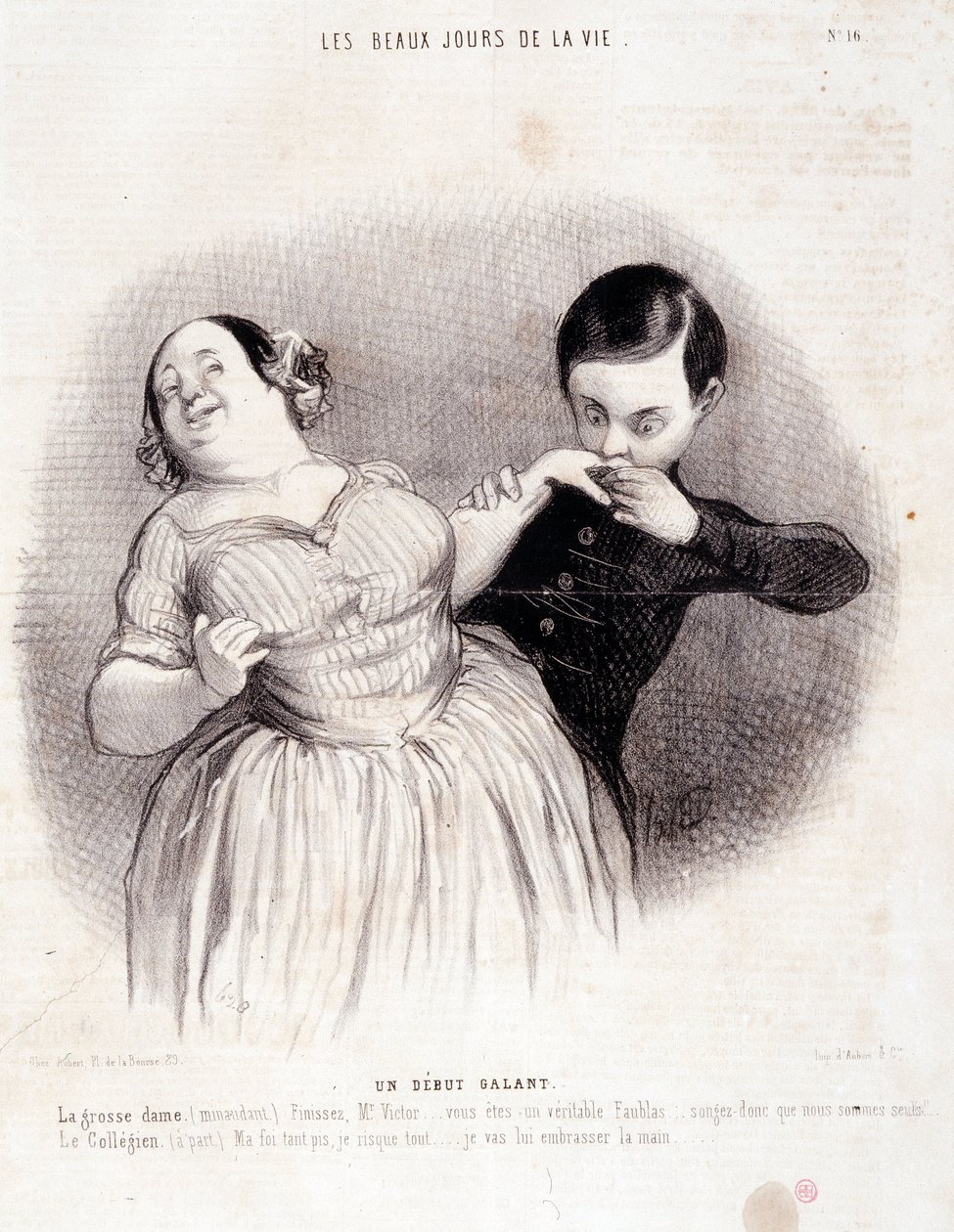 Tegnefilm om parret. Serien "" Livets smukke dage"": "" En galant begyndelse..."" Gravering af Honore DAUMIER (1808-1879). Uddrag fra avisen "" Le Charivari"" den 10. juli af Honoré Daumier