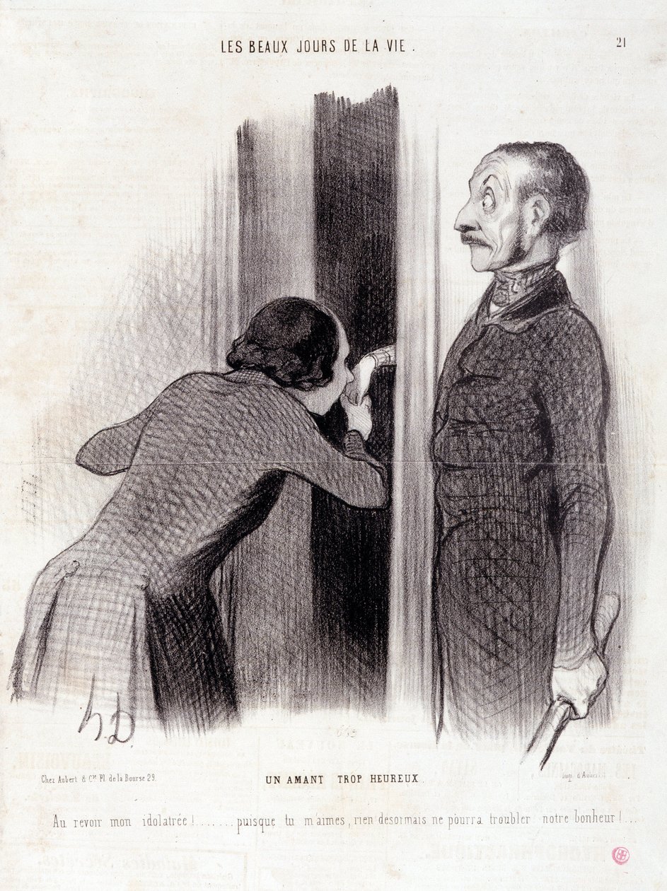 Tegnefilm om parret. Serien "" Livets smukke dage"": "" En elsker for glad..." Indgravering af Honore DAUMIER (1808-1879). Uddrag fra avisen "" Le Charivari"" den 1. september af Honoré Daumier