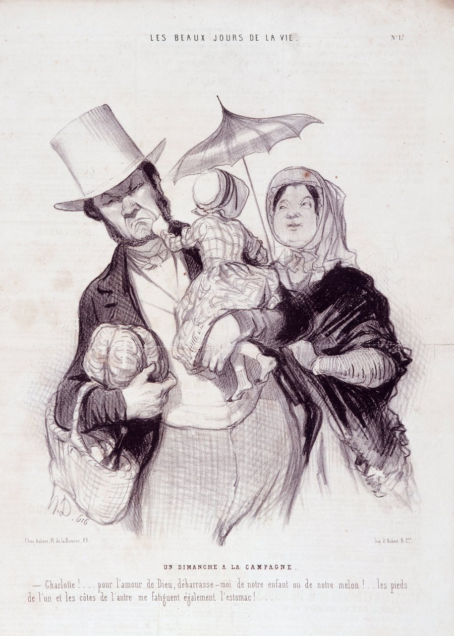 Tegnefilm om familien. Serien "" Livets smukke dage"": En søndag på landet..." Indgravering af Honore DAUMIER (1808-1879). Uddrag fra avisen "" Le Charivari"" den 21. juli af Honoré Daumier