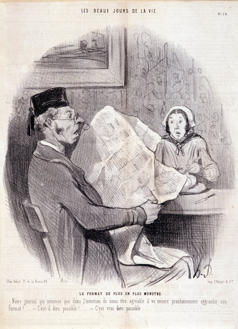 Tegnefilm om pressen. Serien "" The Beautiful Days of Life"": "" Det stadig mere monsterformat..."". Gravering af Honore DAUMIER (1808-1879). Uddrag fra avisen "" Le Charivari"" den 18. oktober af Honoré Daumier