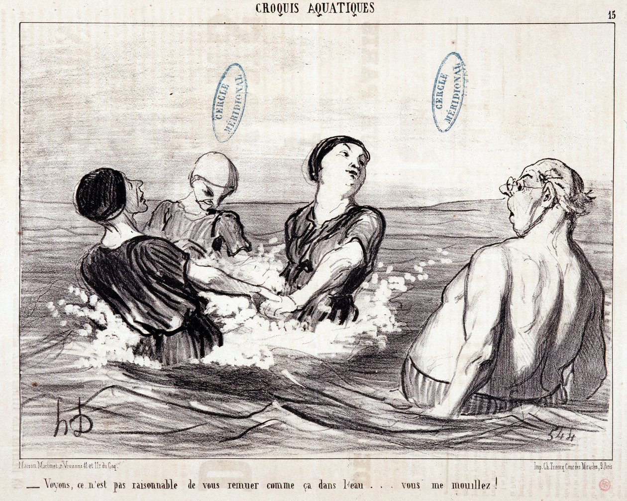 Tegnefilm om turister på ferie ved havet. Serie "" Les Bains de Mer"": "" Vandskitse. Lad os se, det er ikke rimeligt at røre dig sådan i vandet... du våder mig!” Gravering af Honore DAUMIER (1808-1879). Uddrag fra avisen "" Le Chariv af Honoré Daumier