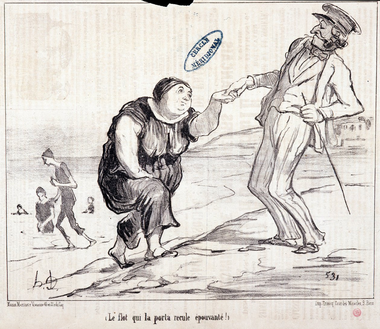 Tegnefilm om turister på ferie. Serie "" Axe Bains de Mer: "" Oversvømmelsen, der førte den tilbage skræmmende! "" Gravering af Honore DAUMIER (1808-1879). Uddrag fra avisen "" Le Charivari"" af Honoré Daumier