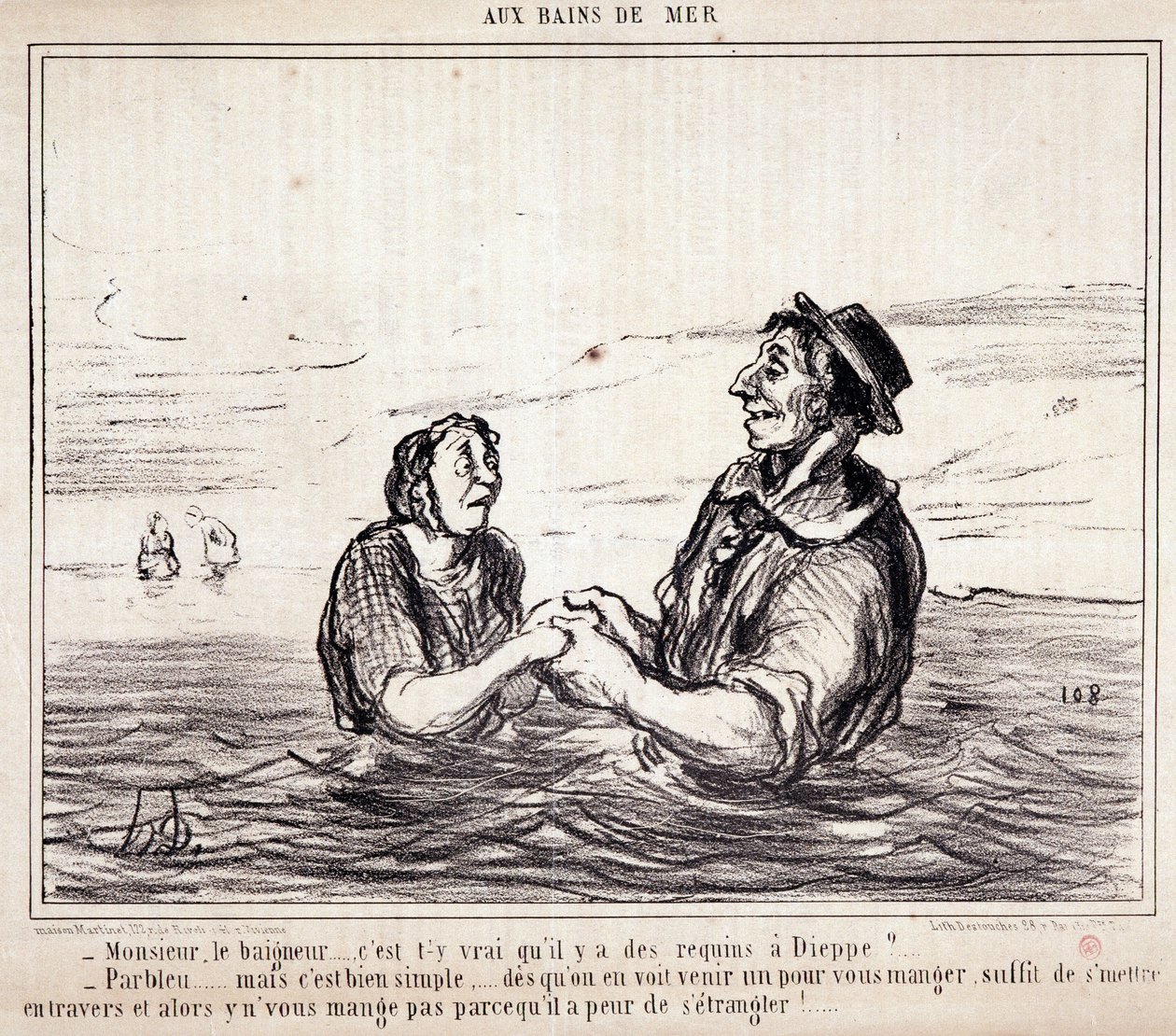 Tegnefilm om turister på ferie. Serie “” aux Bains de Mer””: “” Monsieur le bathneur... er det rigtigt, at der er hajer i Dieppe?...” Indgravering af Honore DAUMIER (1808-1879). Uddrag fra avisen "" Le Charivari"" den 8. juni af Honoré Daumier