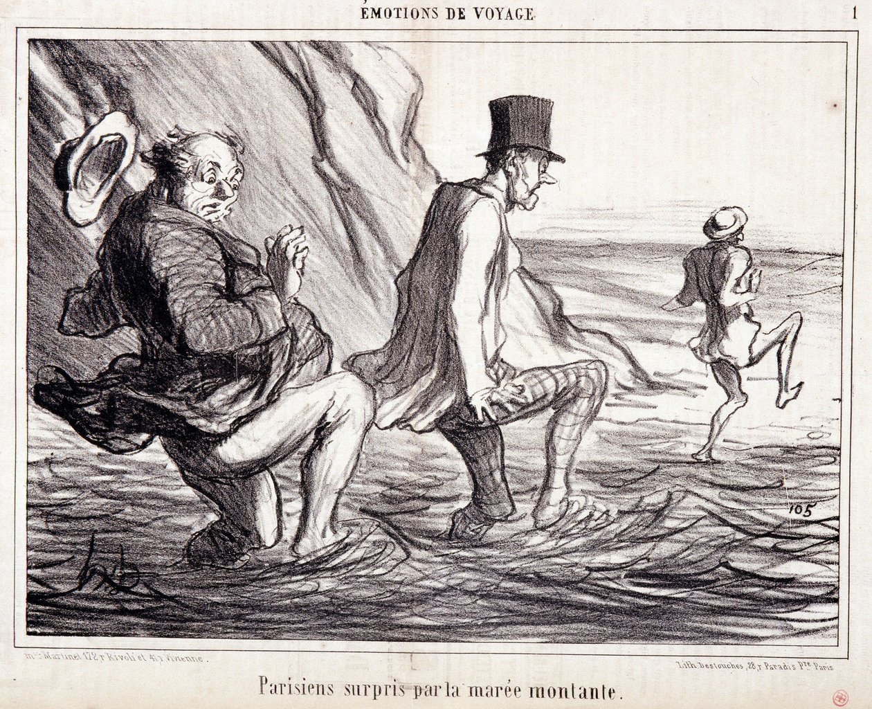 Tegneserie om turister på ferie. Serien "Ax Bains de Mer: "Rejse følelser. Pariser fanget af den stigende havmare". Gravering af Honore DAUMIER (1808-1879). Uddrag fra avisen "Le Charivari" den 8. oktober af Honoré Daumier