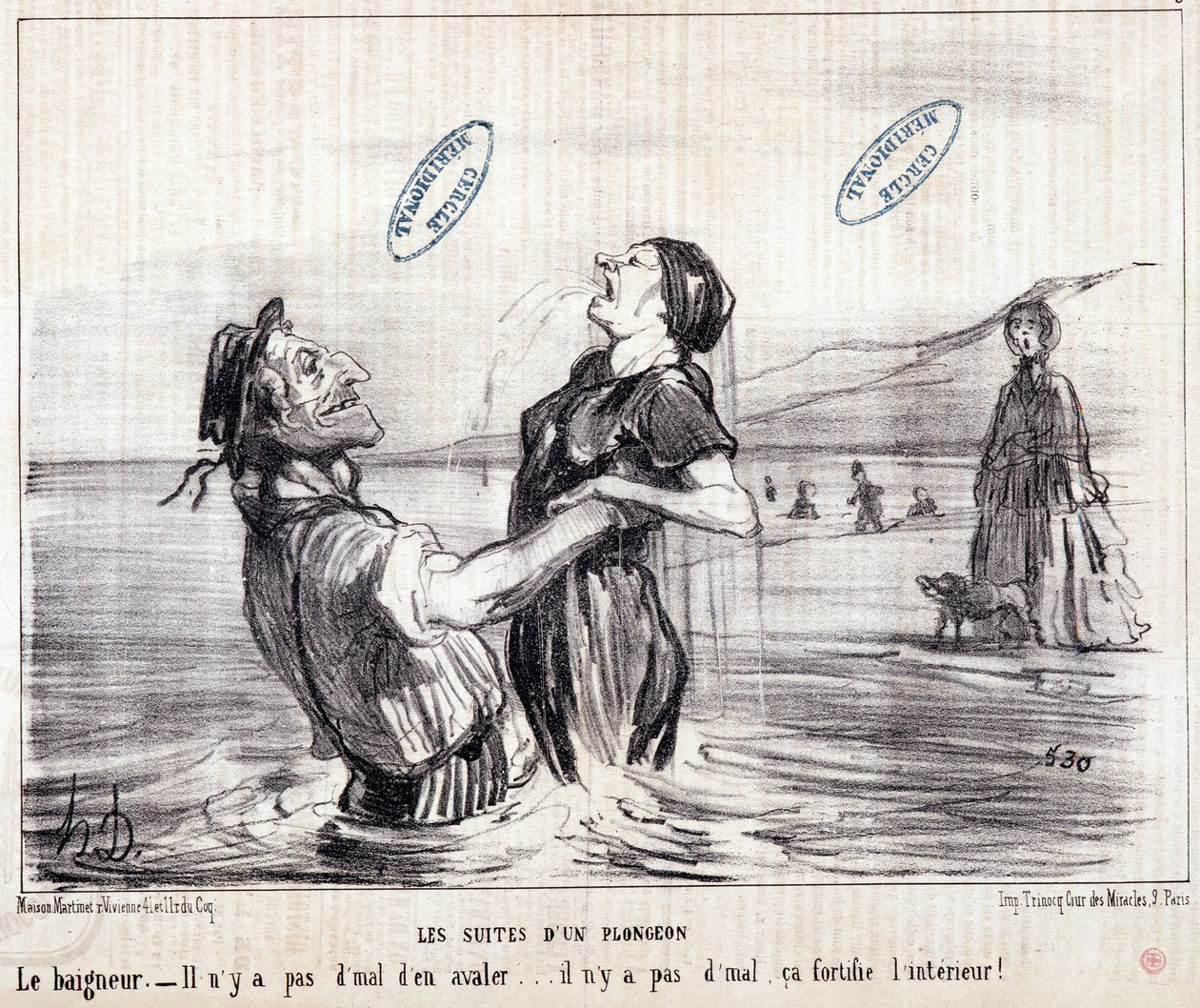 Tegneserie om turister på ferie. Serien "Les Bains de Mer": "Aquatic skitse. Sekvenser af et dyk". Gravering af Honore DAUMIER (1808-1879). Uddrag fra avisen "Le Charivari" i 1853. Dim: 24x28cm. Inv 2453 - kasse 12 N¡1. Marseille, M af Honoré Daumier
