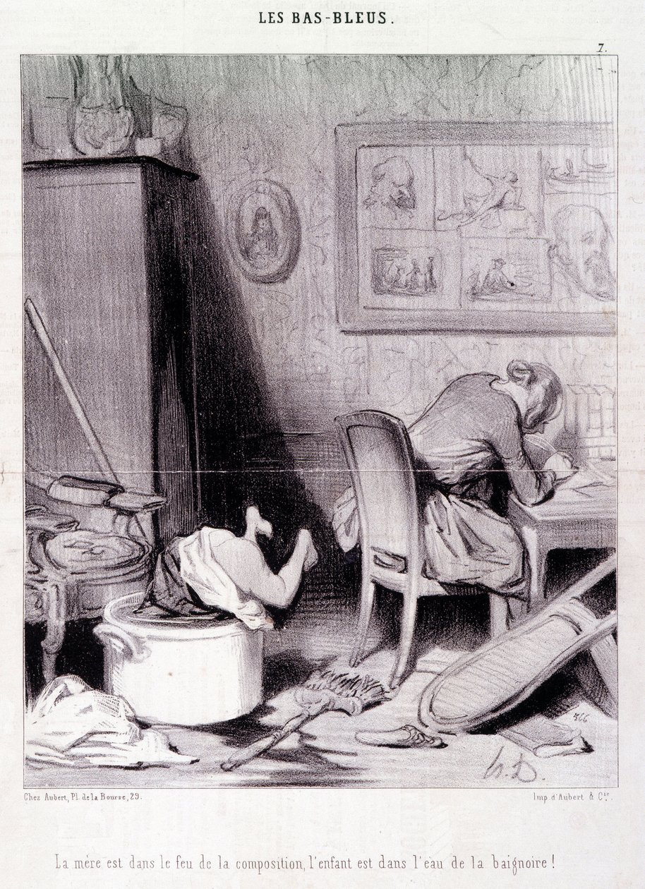 Tegnefilm om kvindelige forfattere. Serie "" Bas Bleus"": "" Moderen er i kompositionens ild, barnet er i badets vand! "" Gravering af Honore DAUMIER (1808-1879). Uddrag fra avisen "" Le Charivari"" den 20. februar af Honoré Daumier