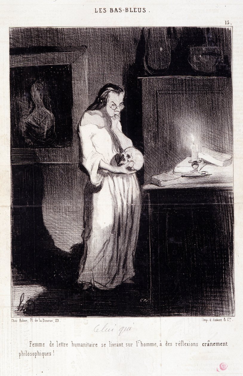 Tegnefilm om kvindelige forfattere. Serie "" Les Bas Bleus"": "" Kvinde med humanitært brev, der hengiver sig til en mand med skræmmende filosofiske refleksioner! "" Gravering af Honore DAUMIER (1808-1879). Uddrag fra avisen "" Le Charivari"" den 10. marts af Honoré Daumier