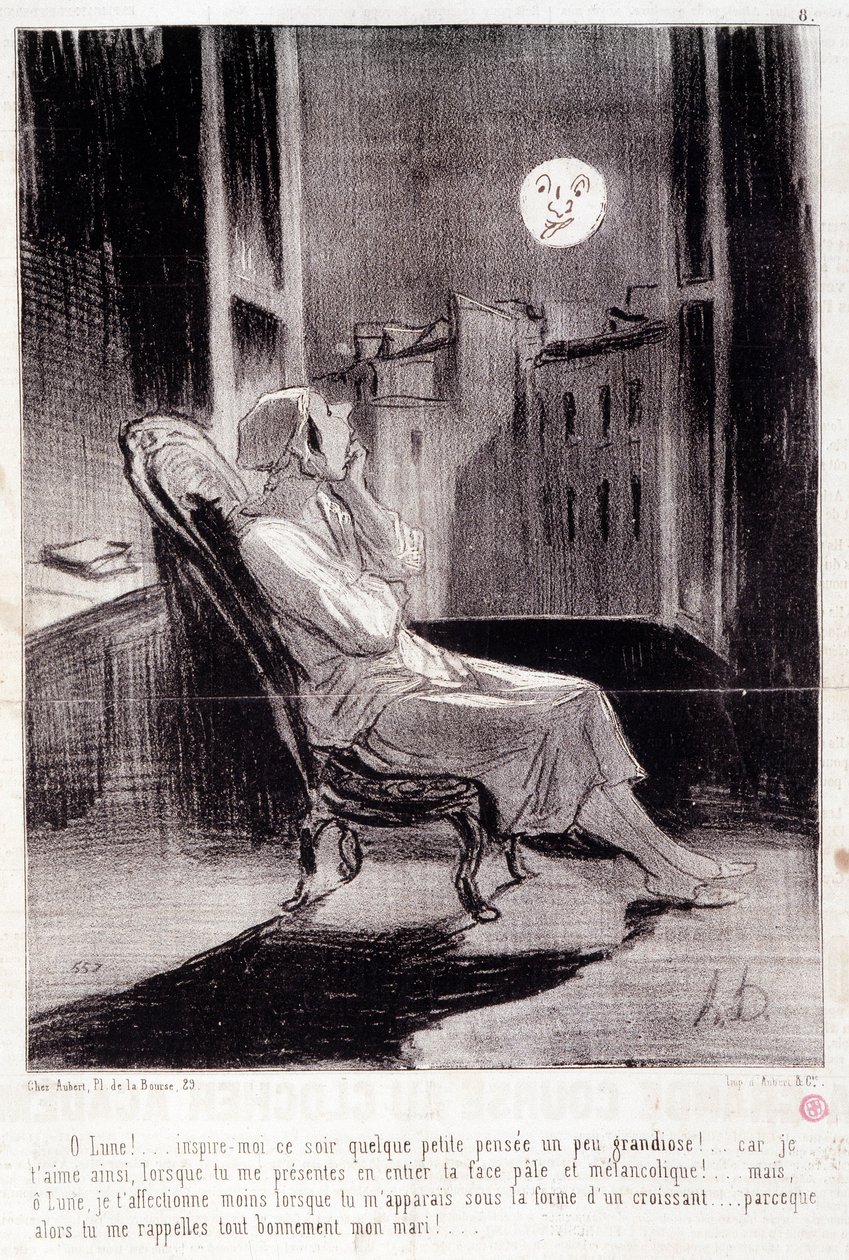Tegnefilm om kvindelige forfattere. Serie "" Bas Bleus"": "" O! Månen inspirerer mig i aften...”” Gravering af Honore DAUMIER (1808-1879). Uddrag fra avisen "" Le Charivari"" 28. februar af Honoré Daumier
