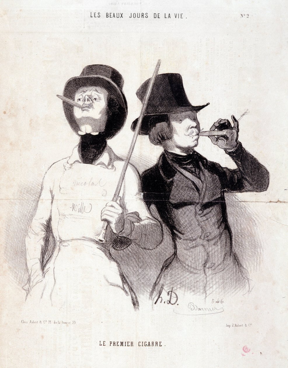 Tegnefilm om unge Dandys. Serien "" Livets smukke dage"": "" Den første cigar"". Gravering af Honore DAUMIER (1808-1879). Uddrag fra avisen “” Le Charivari”” den 31. december 1843 Dim 37x25cm Inv 1089 - æske 8 N¡2. Marseille, Musée des Beaux af Honoré Daumier