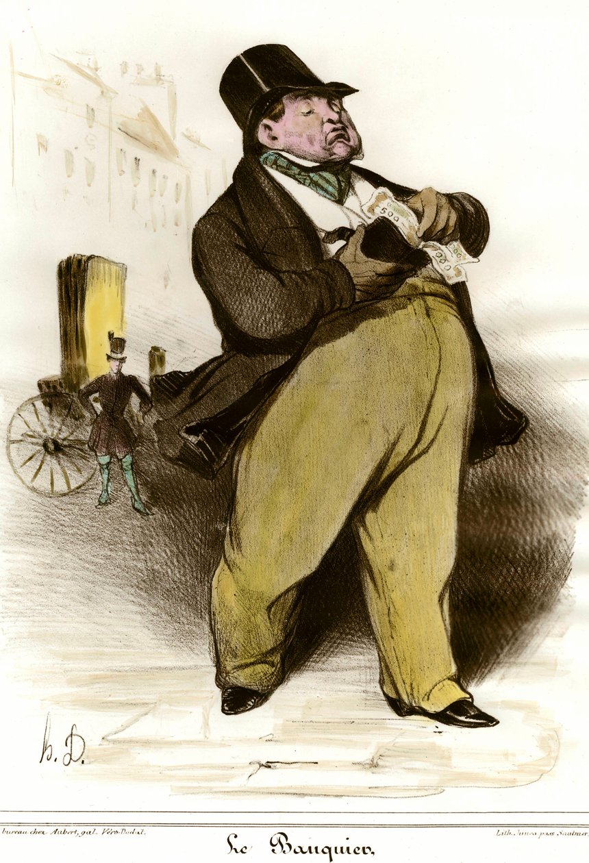 Tegneserie af bankmandstegning af Honore Daumier (1808-1879) fra "The Charivari"" 1835. Privat samling af Honoré Daumier