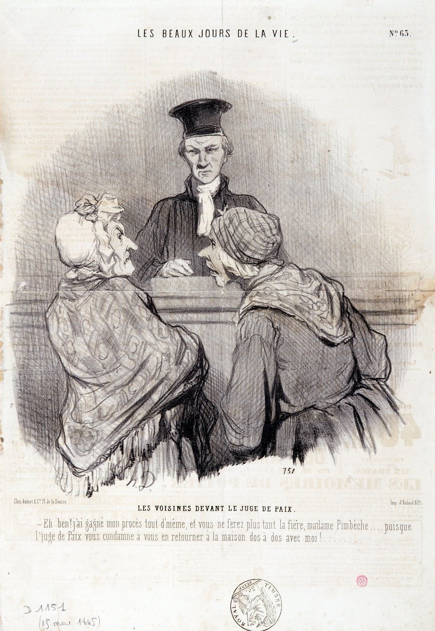 Tegneserie om naboskabsforhold: Serie "" Livets smukke dage"": "" Naboer før fredens retfærdighed..."" Indgravering af Honore DAUMIER (1808-1879). Uddrag fra avisen "" Le Charivari"" den 15. maj af Honoré Daumier