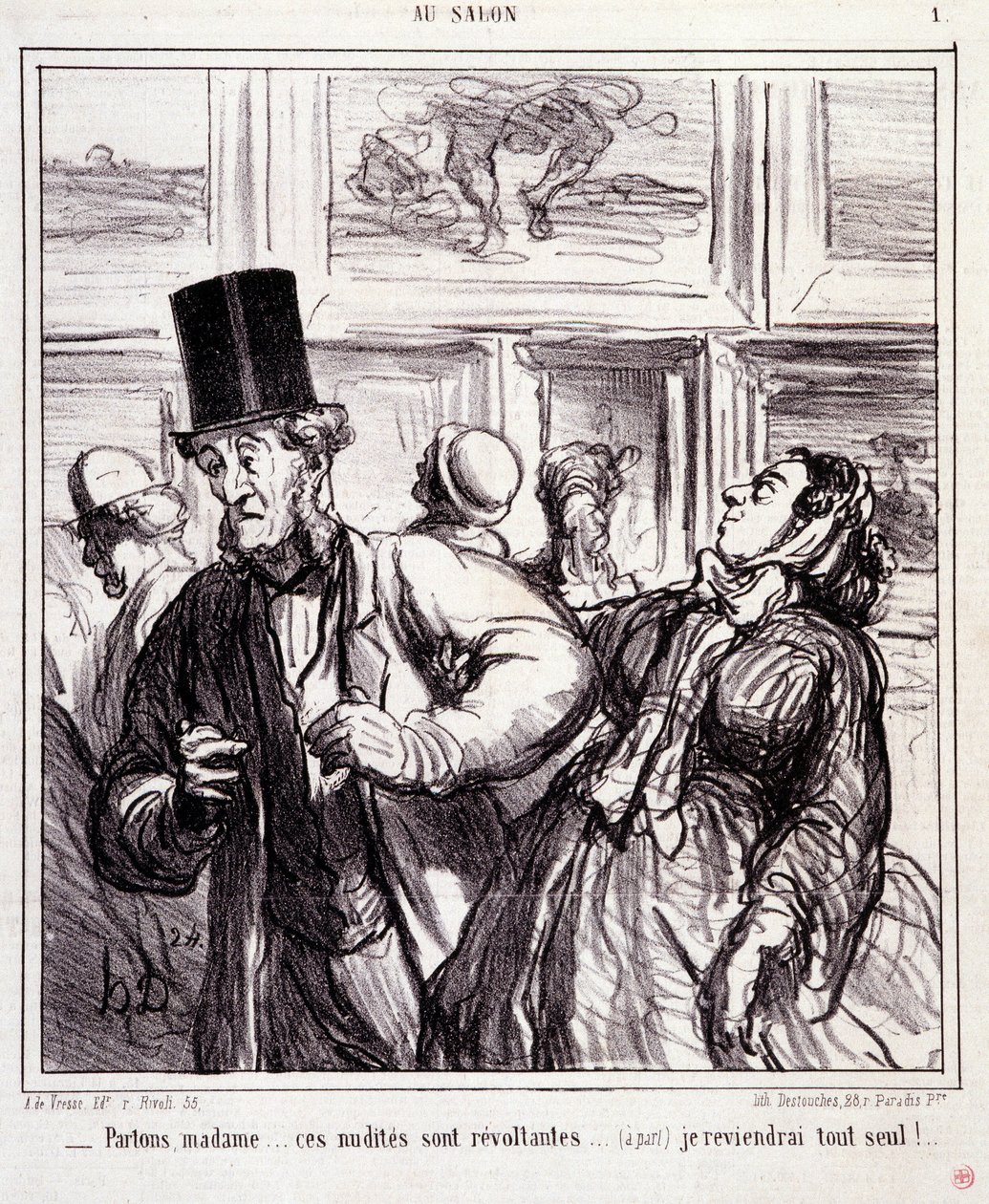 Tegneserie om kunstelskere: Serie "" Au salon"": Lad os forlade frue... disse nøgengængere er revoltanter... Jeg vender tilbage helt alene"" Gravering af Honore DAUMIER (1808-1879). Uddrag fra avisen "" Le Charivari"" den 5. maj af Honoré Daumier