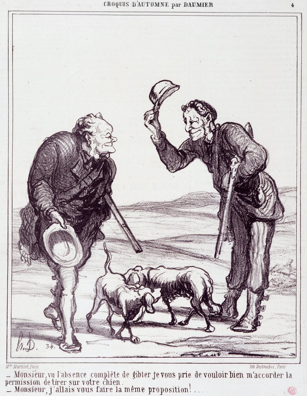 Tegneserie om jægerne: Serie "" Autumn Sketch"": "" Sir, givet det fuldstændige fravær af vildt, giv mig venligst tilladelse til at skyde din hund..."" Gravering af Honore DAUMIER (1808-1879). Uddrag fra avisen "" Le Charivari"" den 28. september af Honoré Daumier