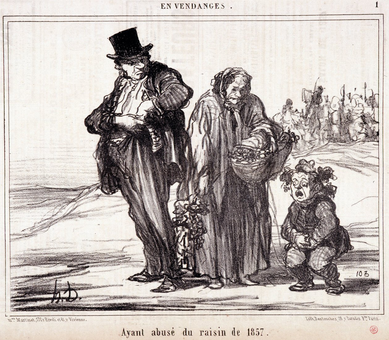 Tegnefilm om vindyrkning. Serie "" Autumn Sketch"": "" I Harvest. At have misbrug af druerne fra 1857”” Gravering af Honore DAUMIER (1808-1879). Uddrag fra avisen "" Le Charivari"" 16. oktober af Honoré Daumier