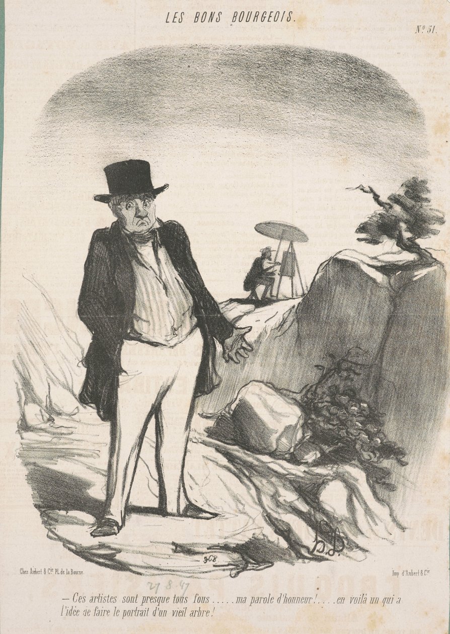 Disse kunstnere er næsten alle skøre. . . Mit æresord! . . . Her er en, der har ideen om at male portrættet af et gammelt træ! af Honoré Daumier