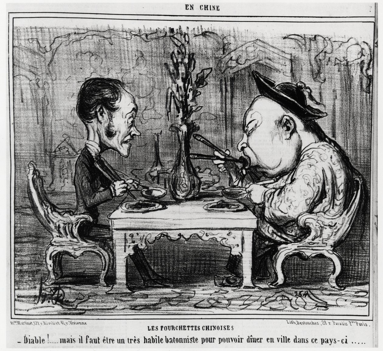 Kinesiske gafler: "" Djævel! men man skal være en meget dygtig batonist for at kunne spise i byen her i landet. "", i serie En Chine, illustration af Honore Daumier (1808-1879), udgivet i "" Charivari"" af Honoré Daumier