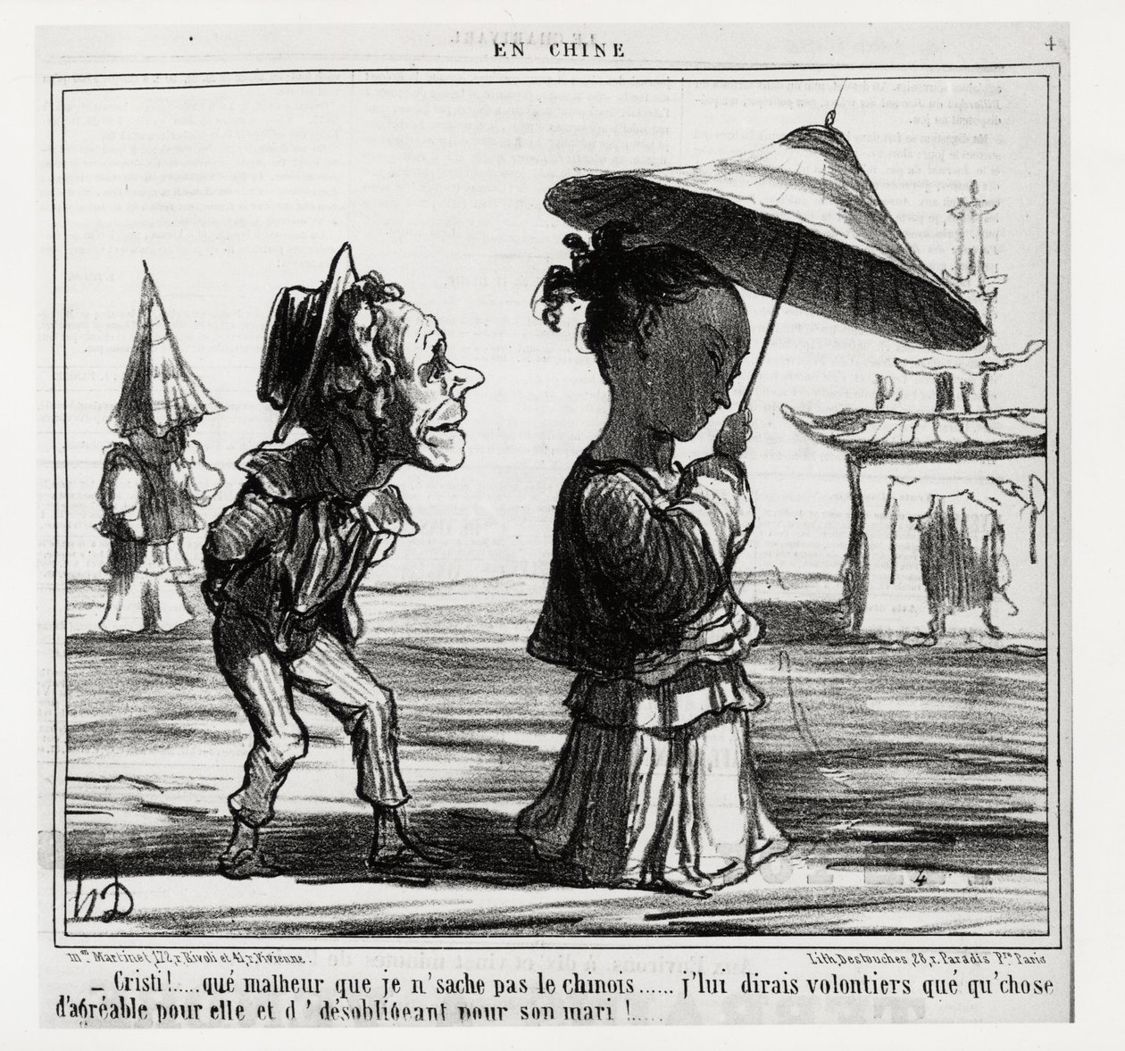 Christi! Jeg ved ikke, hvordan man taler kinesisk... Jeg vil med glæde fortælle hende, at noget behageligt for hende og uforpligtende for hendes mand!... I serie En Chine, illustration af Honore Daumier (1808-1879), udgivet i "" Charivari””, dateret 12. ja af Honoré Daumier