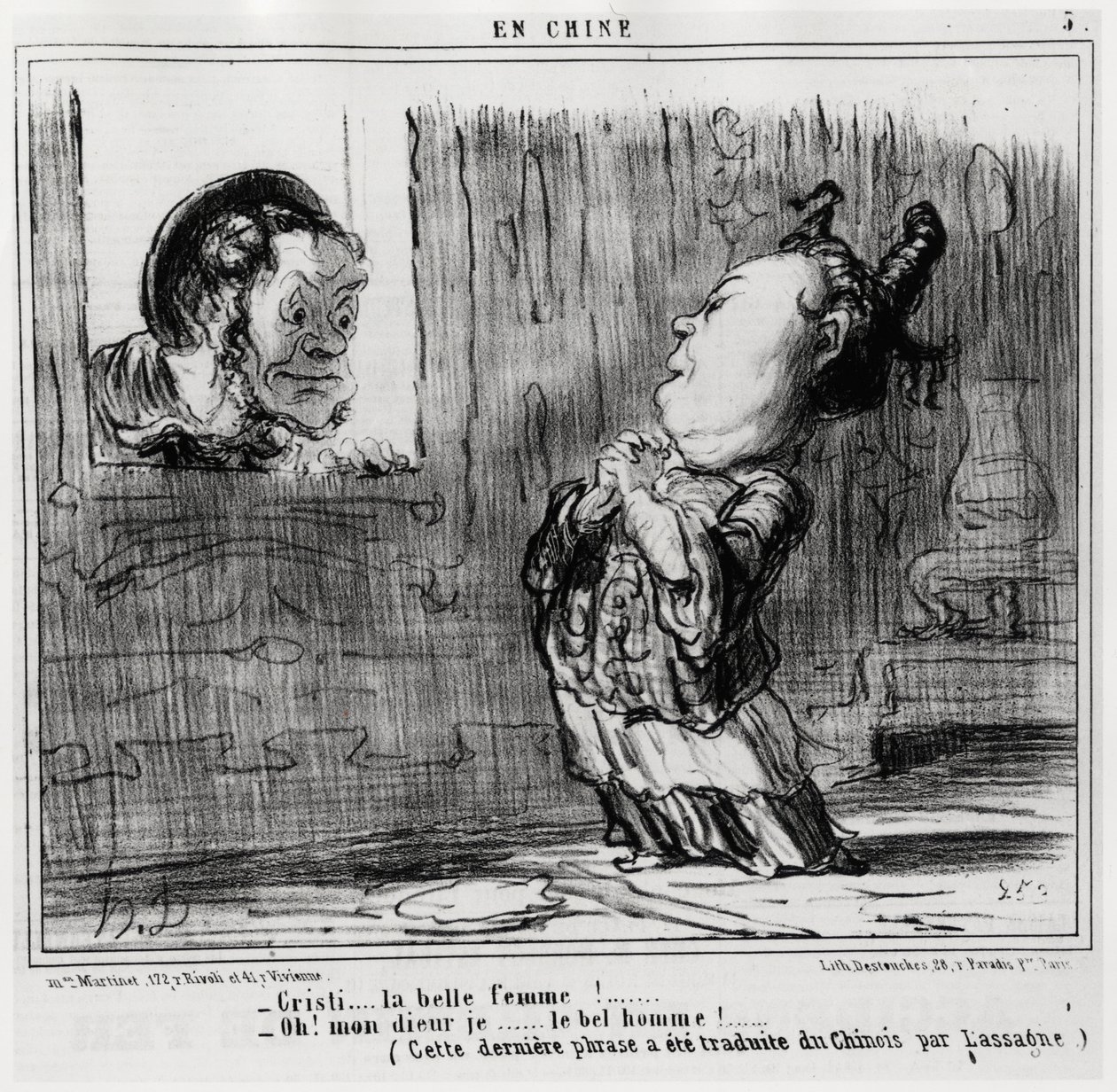 Christi, den smukke kvinde! ; "" Åh! Gud, jeg... Den smukke mand!” (Denne sidste sætning er oversat fra kinesisk af Lassagne.), i serien En Chine, illustration af Honore Daumier (1808-1879), udgivet i "Charivari" af Honoré Daumier