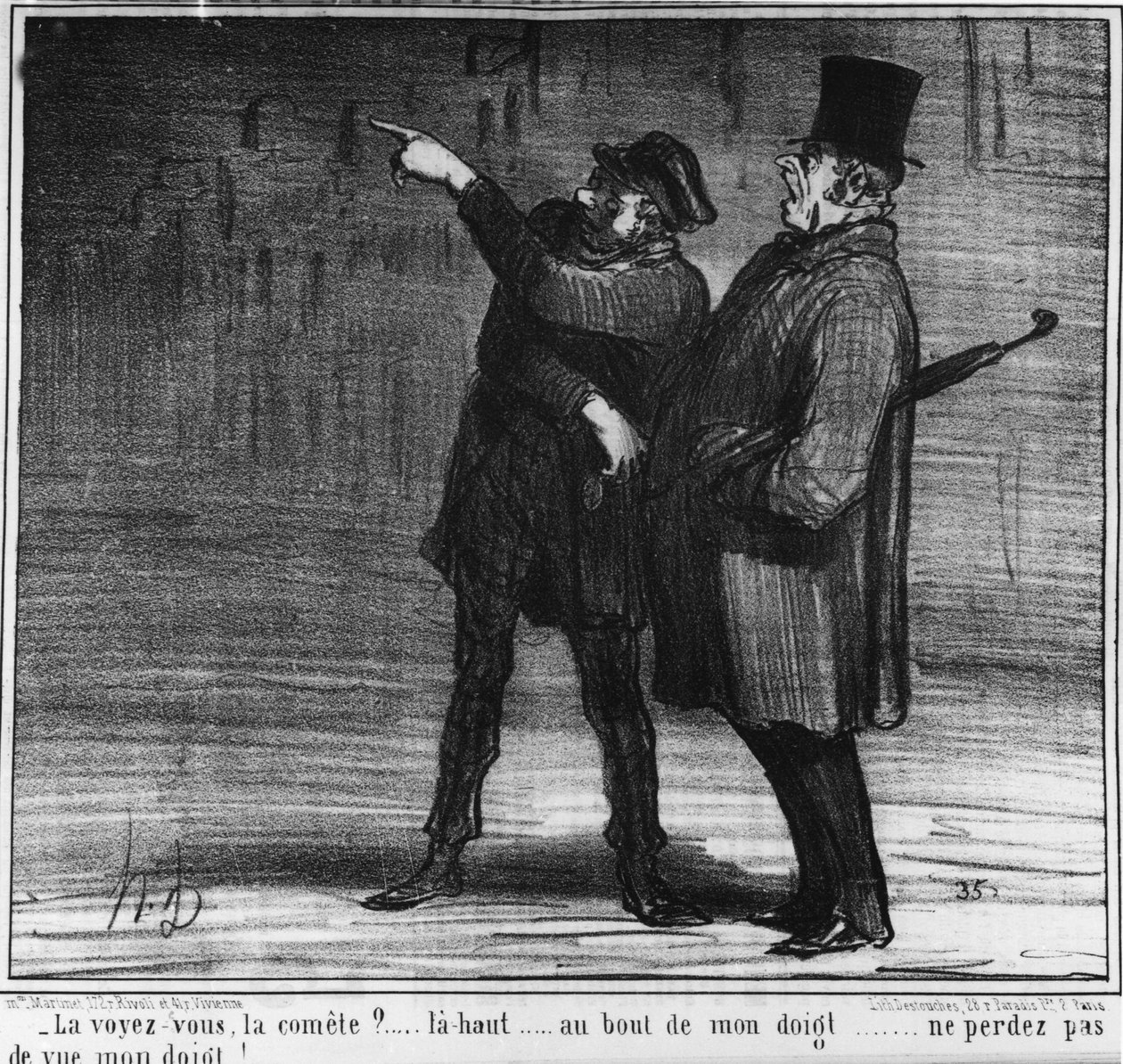 Ser du kometen? op... for enden af min finger... tab ikke min finger af syne!... , tegneserie af Honore Daumier (1808-1879). “Charivari” af Honoré Daumier