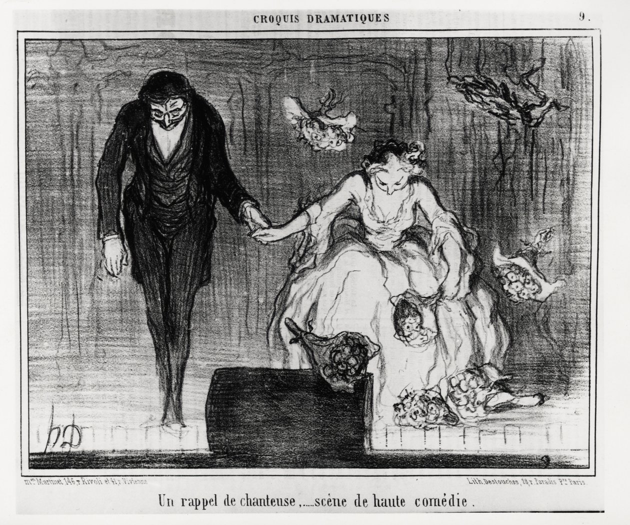 Dramatiske sketches: en påmindelse om sanger, high comedy scene. Illustration af Honore Daumier (1808-1879), udgivet i "" Charivari", dateret 9. januar af Honoré Daumier