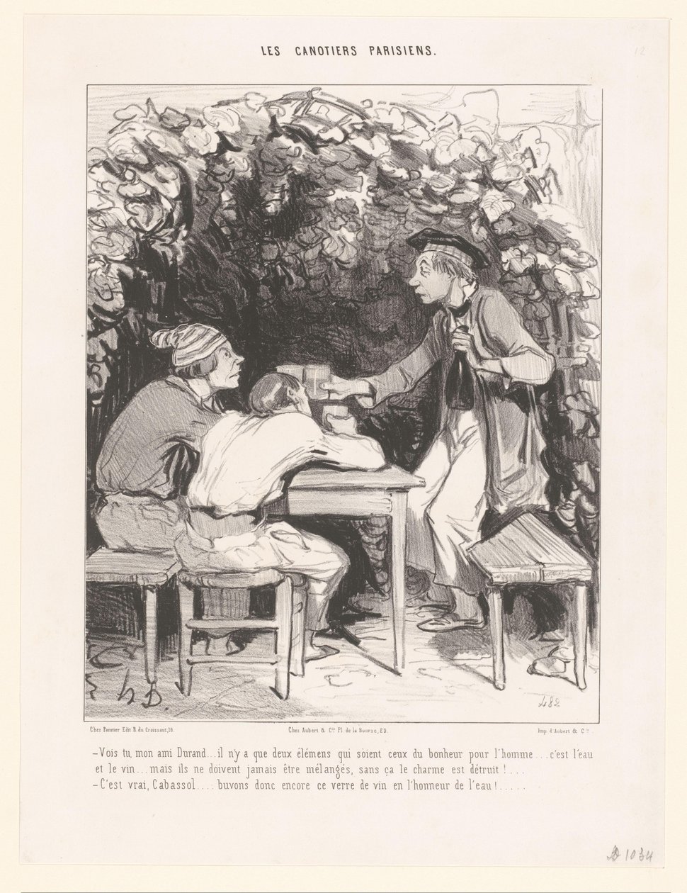 Tre mænd skåler med et glas vin Vois tu, mon ami Durant (...) (titel på objekt) Parisiske skippere (serietitel) Les canotiers parisiens (serietitel på objekt) af Honoré Daumier