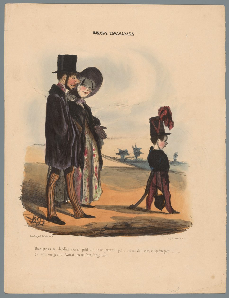Echtpaar wandelt met kind At sige, at den vralter med lidt luft (...) (titel på objekt) Gezinsituaties (serietitel) Ægteskabelige skikke (serietitel på objekt) af Honoré Daumier