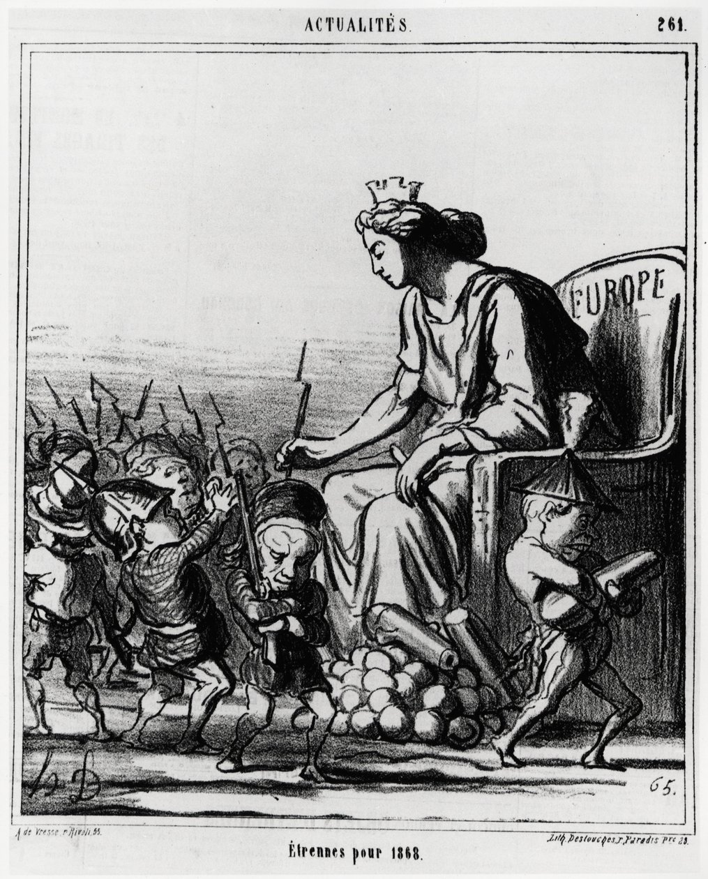Europa: udenlandsk for 1868. Europa distribuerer våben og kanoner til hver repræsentant for landene, genkendelig på deres hat. Illustration d