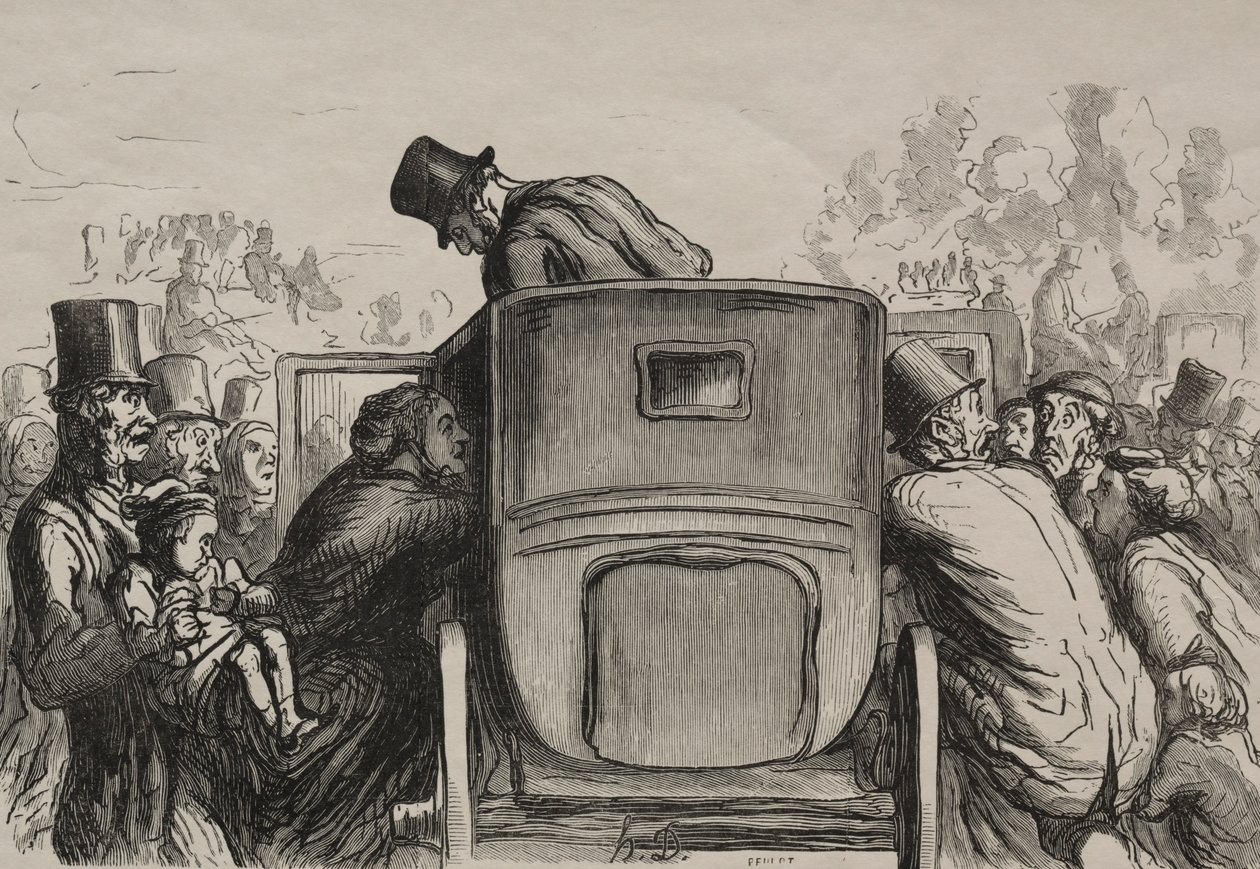 Verdensudstilling: Letranger finder alle faciliteterne for at vende tilbage til sit hotel. af Honoré Daumier