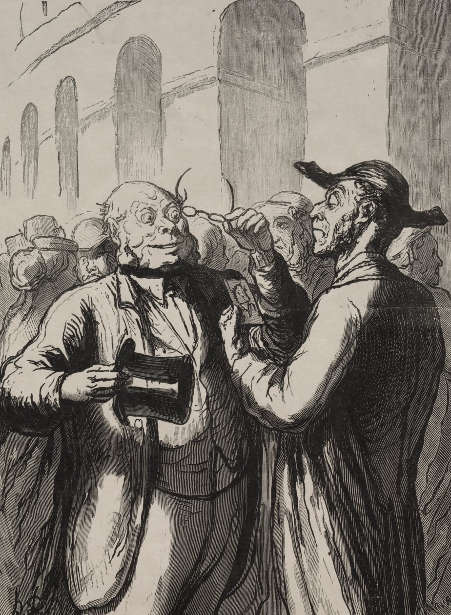 Verdensudstilling: Inspektion af fotografier ved drejekorserne. De skaldede skal tage hatten af ​​og de kortsynede deres briller. af Honoré Daumier