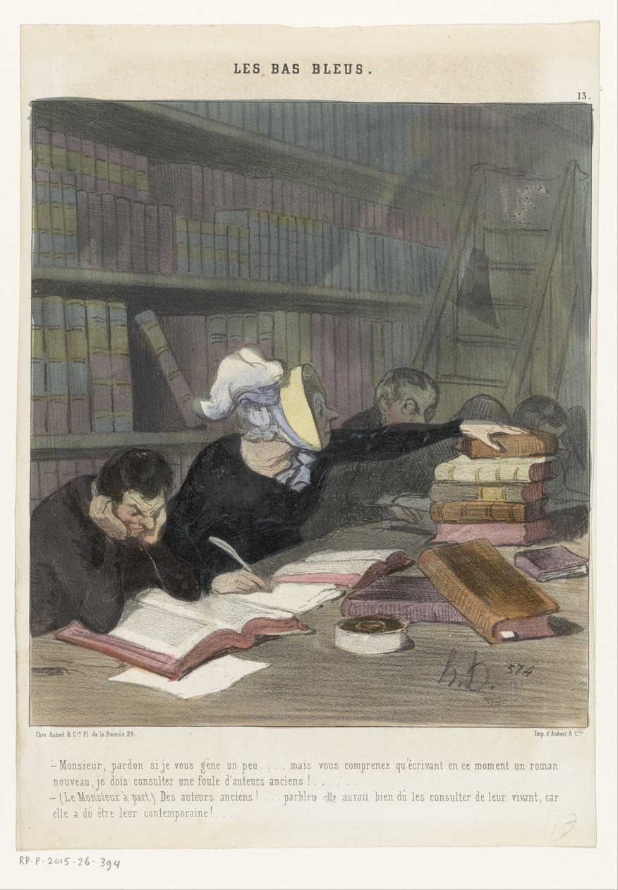 Figurer bag et læsebord i et offentligt bibliotek Les Bas Bleus (serietitel på objekt) af Honoré Daumier